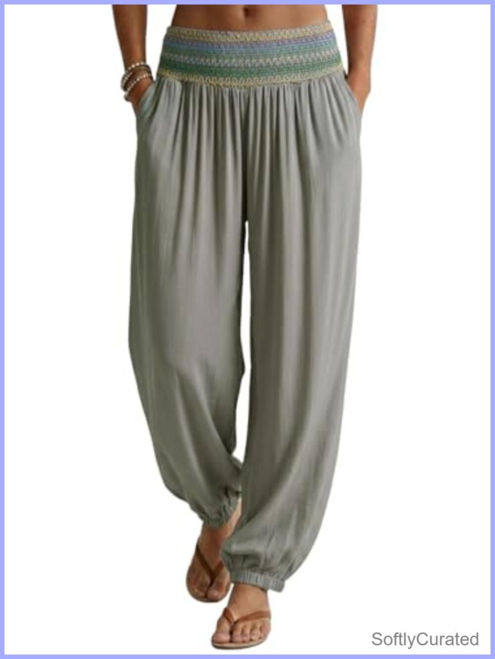 Smocked Waist Harem Pants with Pockets Flowy Beach Yoga Lounge